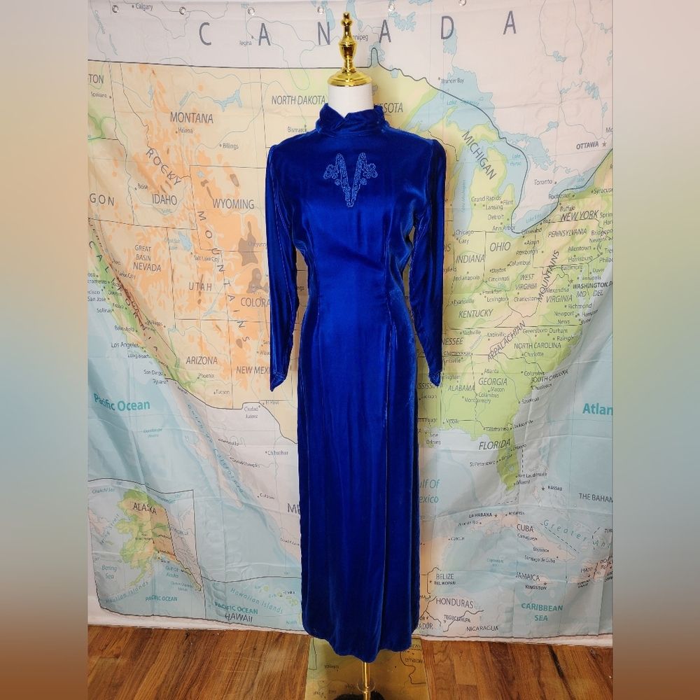 Vintage 1960s Full-length Blue Velvet  Dress Gown With Long Sleeve & A Side Slit